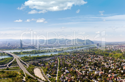 Panorama of Vienna with Danube River & Island (Donauinsel), highway junction