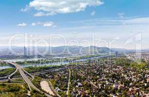 Panorama of Vienna with Danube River & Island (Donauinsel), highway junction
