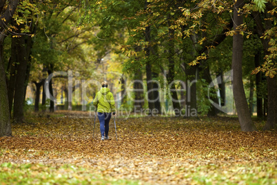 nordic walking woman in vibrant autumn forest