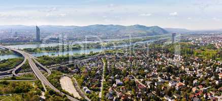 panorama of Vienna with Danube River & Island (Donauinsel), highway junction