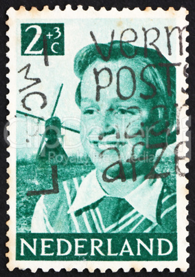 Postage stamp Netherlands 1951 Girl and Windmill