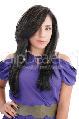 Fashion luxury portrait of young girl teenager in purple style d
