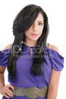 Fashion luxury portrait of young girl teenager in purple style d