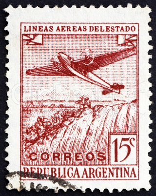 Postage stamp Argentina 1946 Plane over Iguazu Falls
