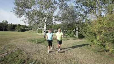 senior nordic walking couple coming to camera