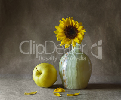 Still life with sunflowers and apples