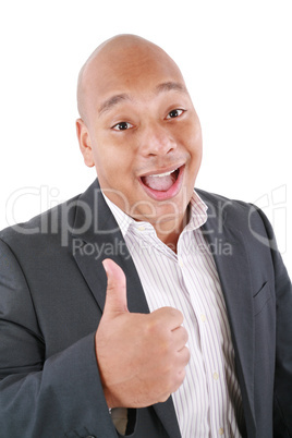 Young business man going thumb up, isolated on white