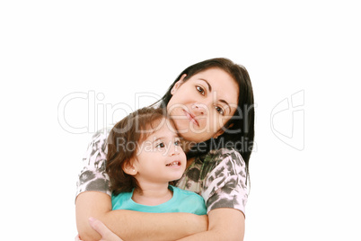 A portrait of a mother and her baby girl  smiling over white bac