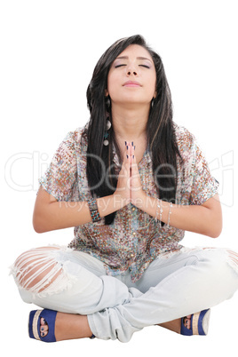 caucasian woman relaxing yoga isolated studio on white backgroun