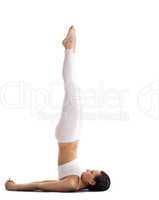 yoga trainer in white stand on spine isolated
