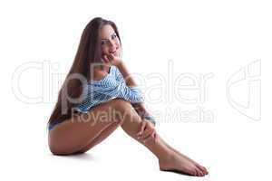sexy pretty girl sit in stripped cloth isolated