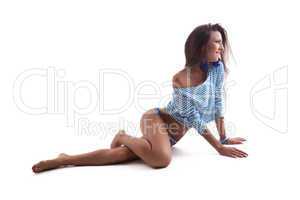 sexy pretty girl sit in stripped cloth isolated