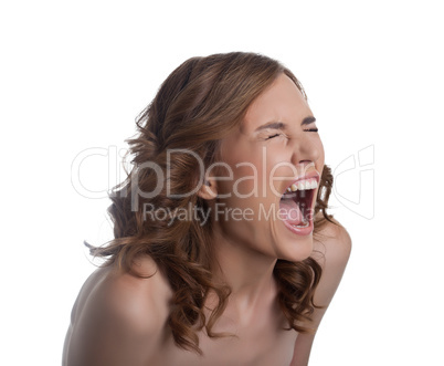 Young woman in stress cry loud isolated