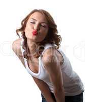 Funny beauty woman in tank top kiss you