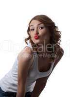 Cute woman in white tank top air kiss isolated