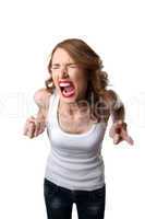 aggressive woman in tank top cry isolated