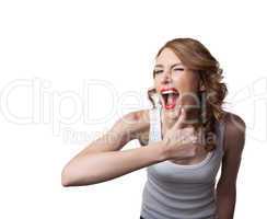 Funny young woman show thumbs up sign and smile