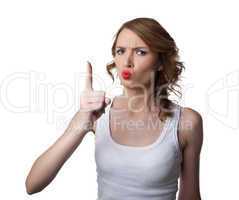 woman in tank top show finger attention emotion