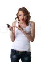 Anger Young woman point on cell phone