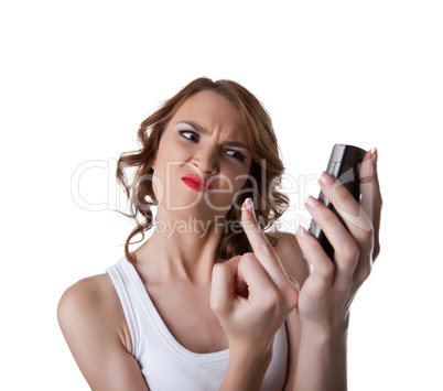 Anger Young woman show fuck finger on cell phone