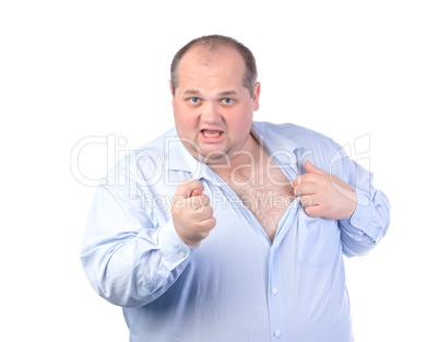 Fat Man in a Blue Shirt, Showing Obscene Gestures