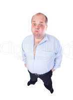 Fat Man in a Blue Shirt, Contorts Antics, wide-angle top view