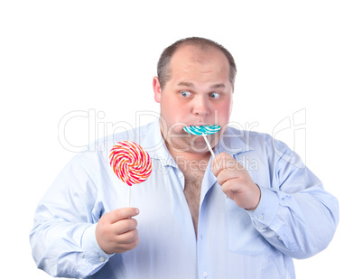Fat Man in a Blue Shirt, Eating a Lollipop