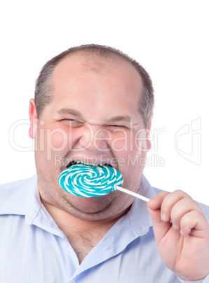 Fat Man in a Blue Shirt, Eating a Lollipop