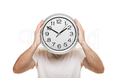 Man hand holding clock isolated