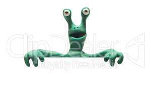 clay alien from behind blank banner isolated with clipping path
