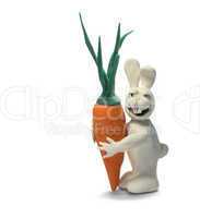 clay happy rabbit hugs carrot isolated with clipping path