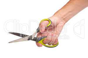 Hand is holding scissors isolated