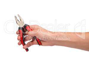 Male hand hold a black and red pliers