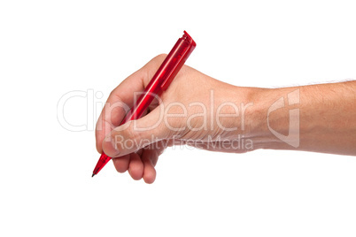 Hand hold a pen writing on the white