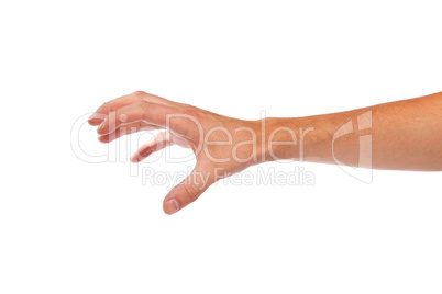 Male hand reaching for something on white