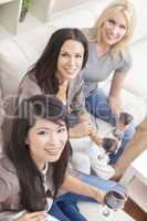 Interracial Group Three Women Friends Drinking Wine