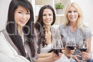 Interracial Group Three Women Friends Drinking Wine