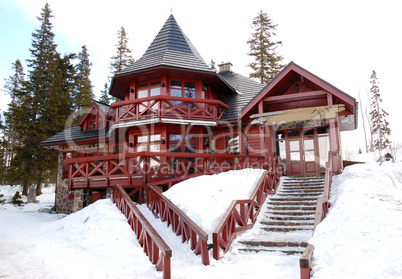 Traditional wooden Slovak restaurant at ski resort, High Tatras,