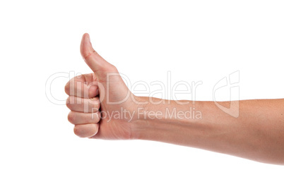 Male hand showing thumbs up sign isolated on white