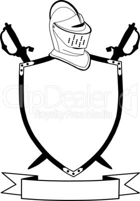 Isolated 16th Century War Shield Swords Banner and Helmet