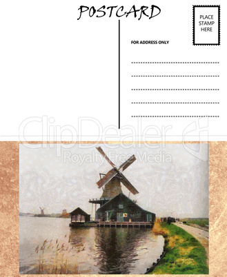 Empty Blank Postcard Template Dutch Windmill Image