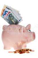 Rosa Sparschwein mit Geldscheinen und Münzen
