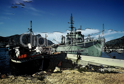 Tranquil Pier with Warship and Civilian Boats