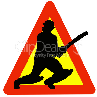 Cricket Player Silhouette on Traffic Warning Sign