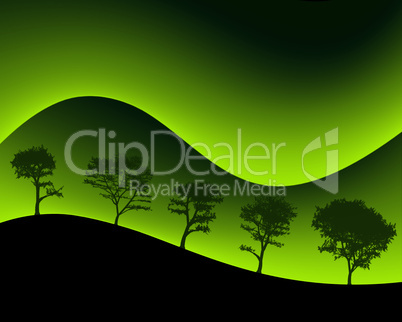 Green Mountains and Silhouetted Trees