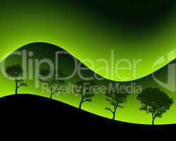 Green Mountains and Silhouetted Trees