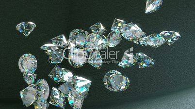 Large diamonds falling and rolling down over leather background. Alpha is included