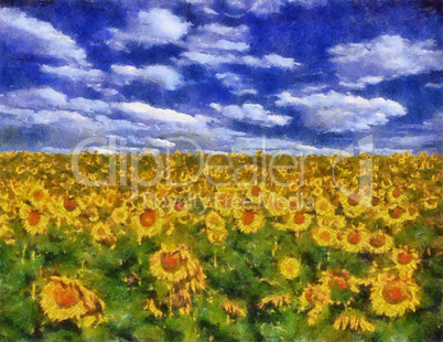 Sunflower field under blue sky background painting