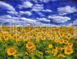 Sunflower field under blue sky background painting