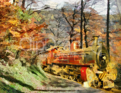 Orange Train through forest (oil painting)